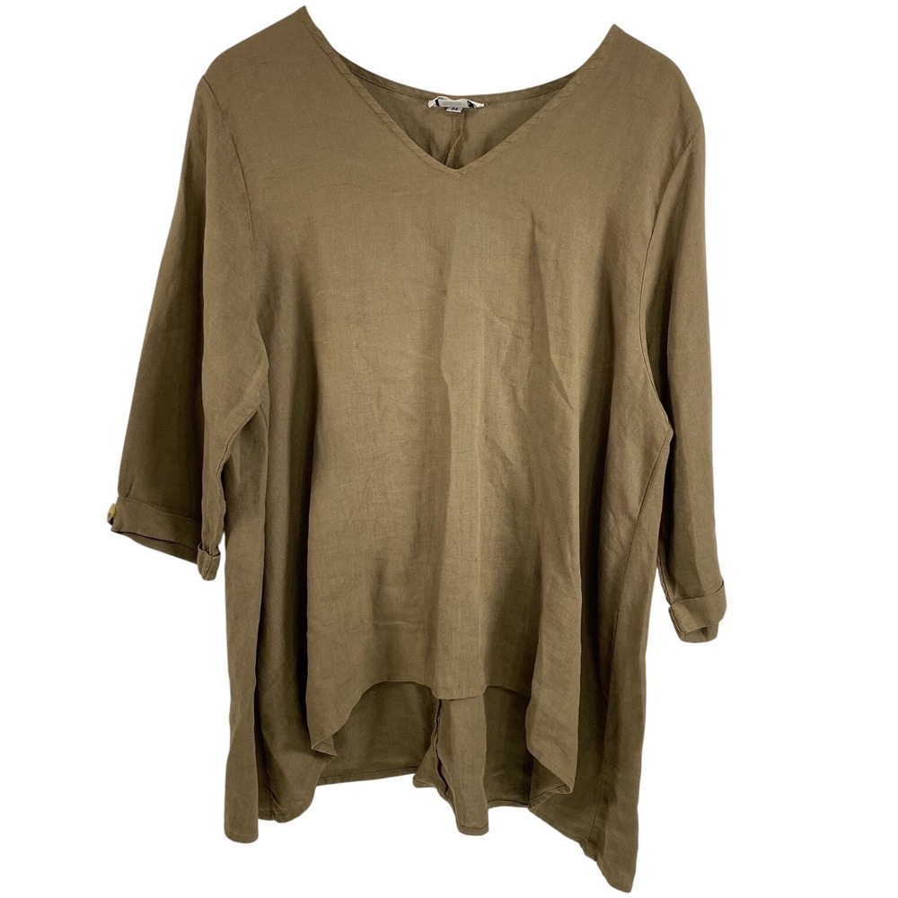 Habitat Linen Tunic Top Womens Medium Brown V Neck High Low Sleeve Button USA